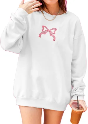 Women Bow Embroidered Sweatshirts Cute Graphic Long Sleeve Crewneck Pullover Tops Y2k Fall Oversized Sweatshirts