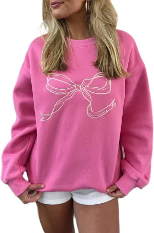 Women Bow Embroidered Sweatshirts Cute Graphic Long Sleeve Crewneck Pullover Tops Y2k Fall Oversized Sweatshirts