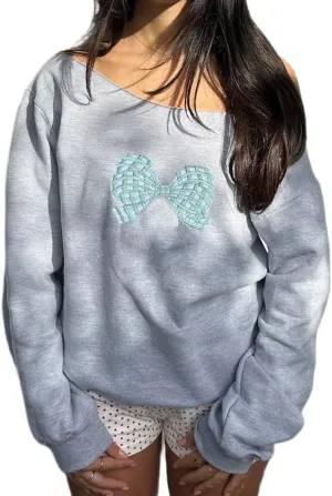 Women Bow Embroidered Sweatshirts Cute Graphic Long Sleeve Crewneck Pullover Tops Y2k Fall Oversized Sweatshirts