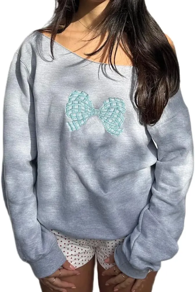 Women Bow Embroidered Sweatshirts Cute Graphic Long Sleeve Crewneck Pullover Tops Y2k Fall Oversized Sweatshirts