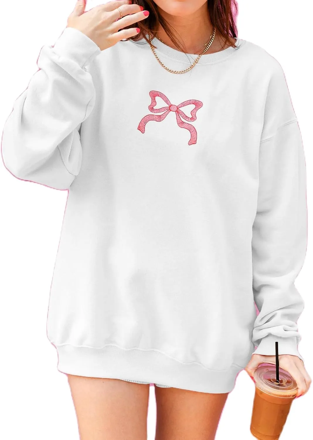 Women Bow Embroidered Sweatshirts Cute Graphic Long Sleeve Crewneck Pullover Tops Y2k Fall Oversized Sweatshirts