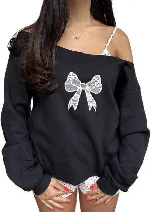 Women Bow Embroidered Sweatshirts Cute Graphic Long Sleeve Crewneck Pullover Tops Y2k Fall Oversized Sweatshirts