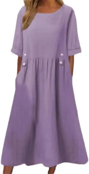 Women Fashion Short Sleeve Summer Dresses Casual Solid Linen Cotton Beach Midi Dress Plus Size