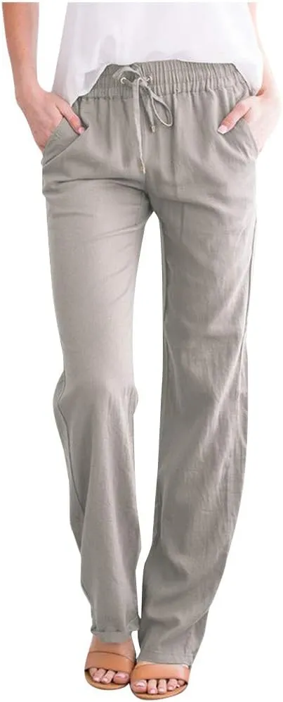 Women High Waist Linen Pant Trendy Boho Flowy Straight Leg Cuffed Trousers Hip Hop Athletic Palazzo Casual Sweatpants