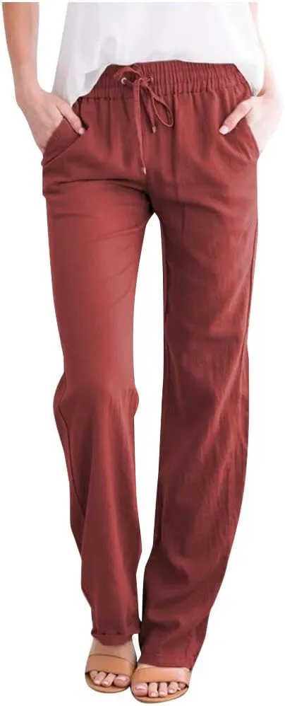 Women High Waist Linen Pant Trendy Boho Flowy Straight Leg Cuffed Trousers Hip Hop Athletic Palazzo Casual Sweatpants