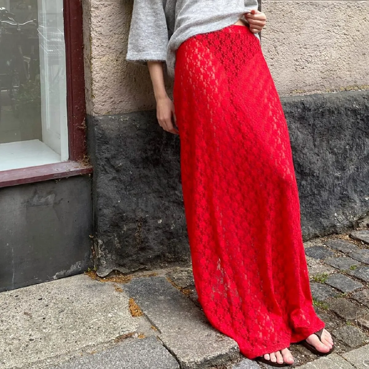 Women Lace Maxi Skirts Y2k High Waist Sheer Mesh Long Skirt Boho See Through Slim Fit Midi Skirt Streetwear