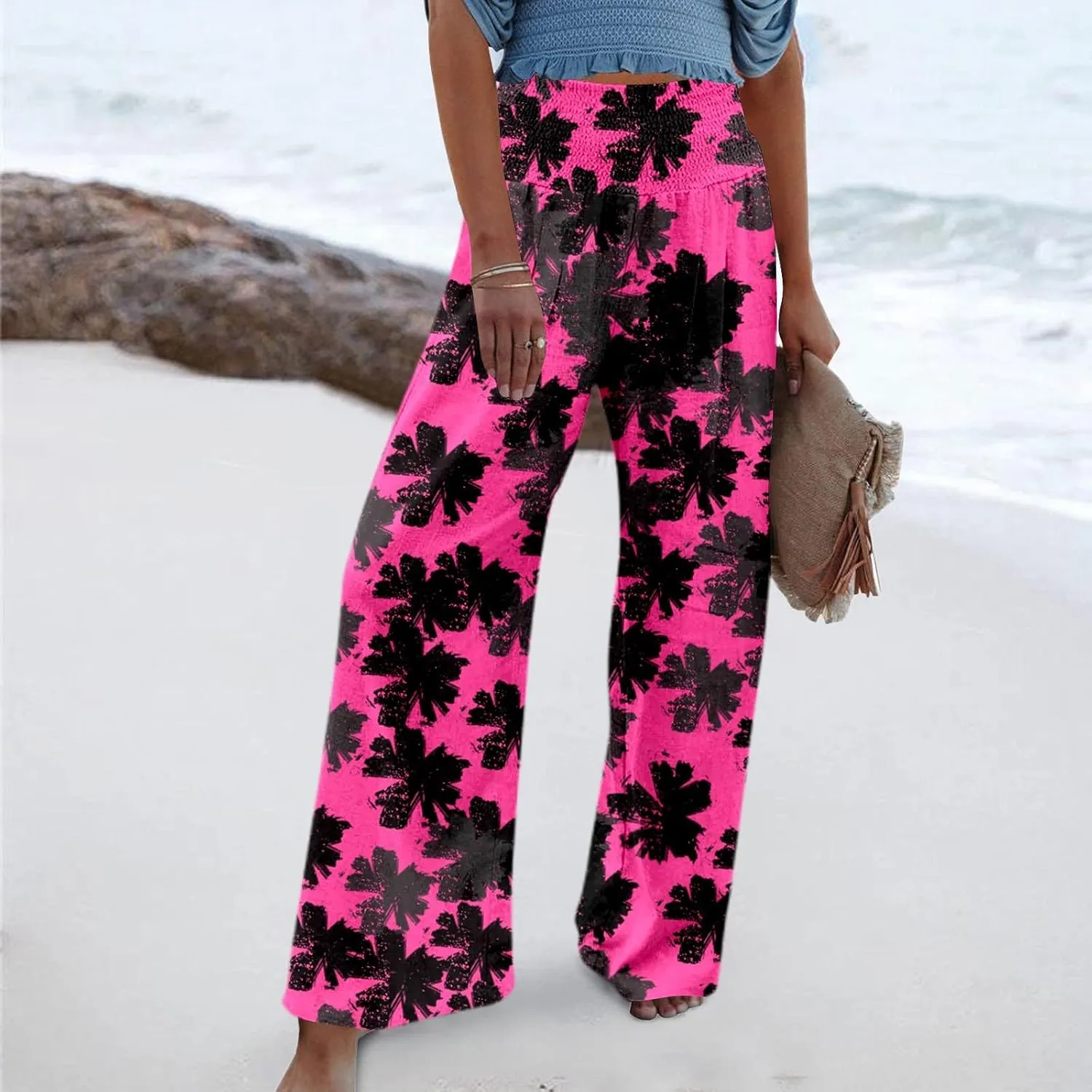 Women Linen Pants 2025 Summer Casual Loose Wide Leg Palazzo Pants Smocked High Waist Flowy Beach Trousers