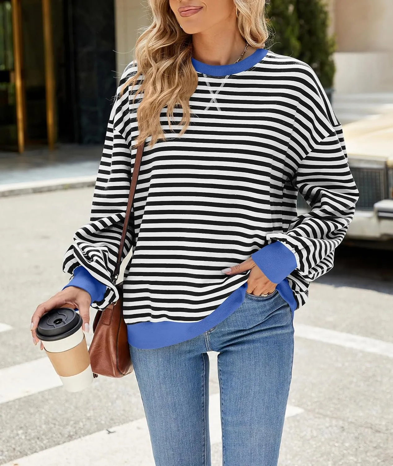 Women Oversized Striped Color Block Sweatshirt Crew Neck Long Sleeve Casual Loose Pullover Y2K Shirt Top