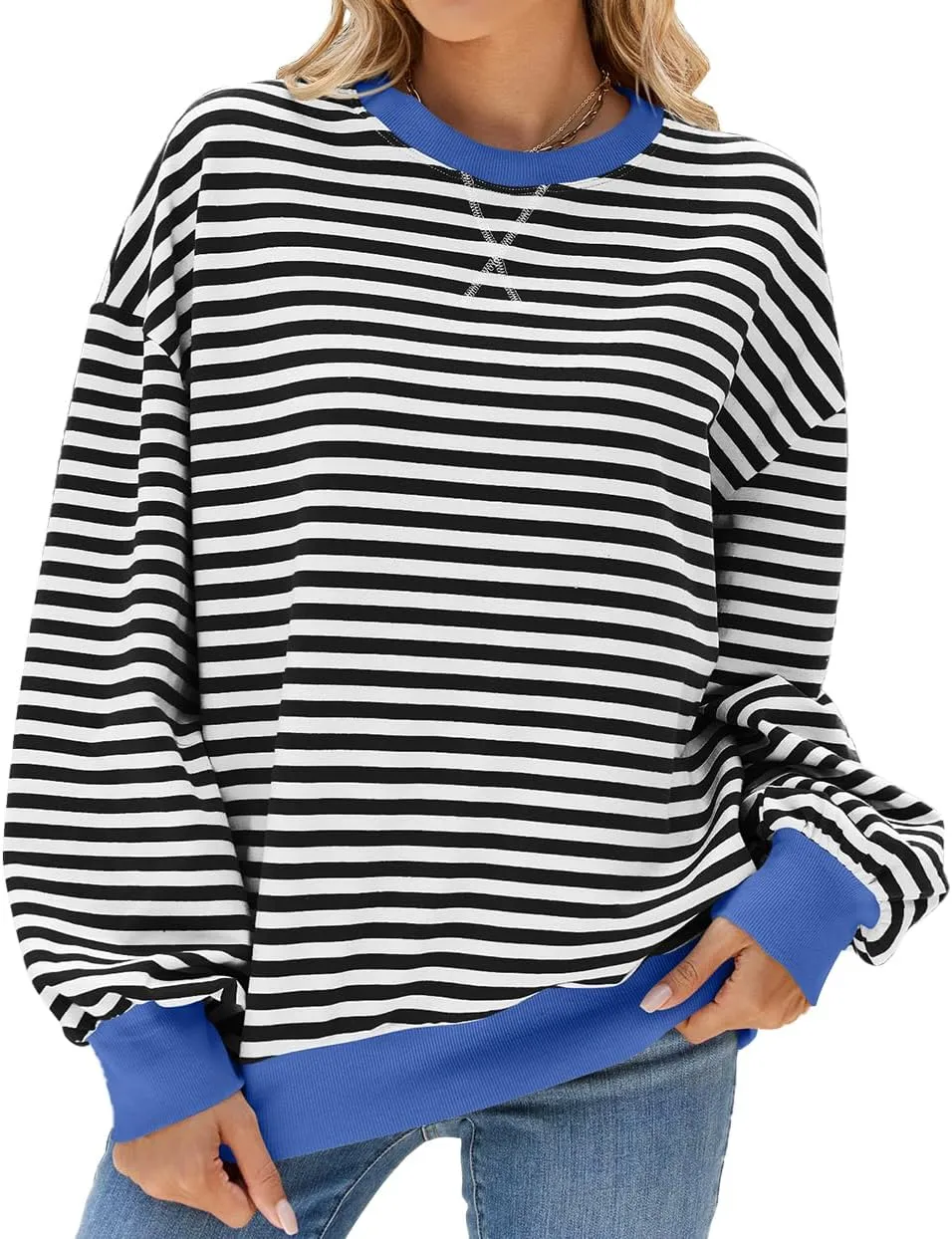 Women Oversized Striped Color Block Sweatshirt Crew Neck Long Sleeve Casual Loose Pullover Y2K Shirt Top
