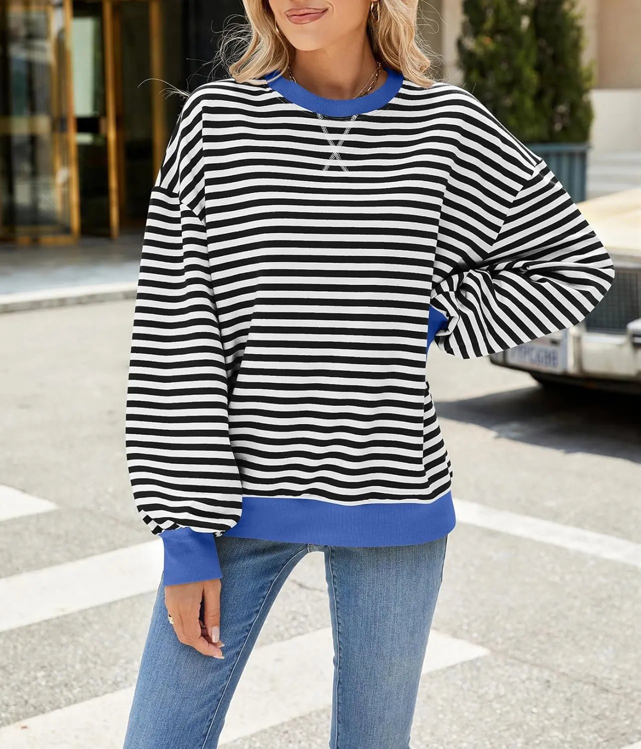 Women Oversized Striped Color Block Sweatshirt Crew Neck Long Sleeve Casual Loose Pullover Y2K Shirt Top