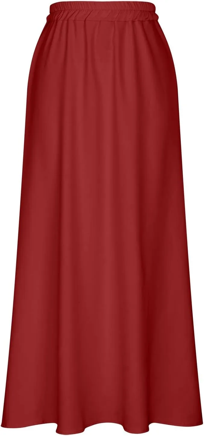 Women Plus Size Maxi Skirt Casual Loose Fit Pleated Retro Elastic High Waist Flowy Swing Long Floor Length Skirts