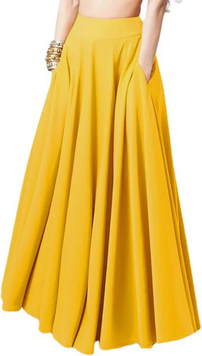 Women Plus Size Maxi Skirt Casual Loose Fit Pleated Retro Elastic High Waist Flowy Swing Long Floor Length Skirts