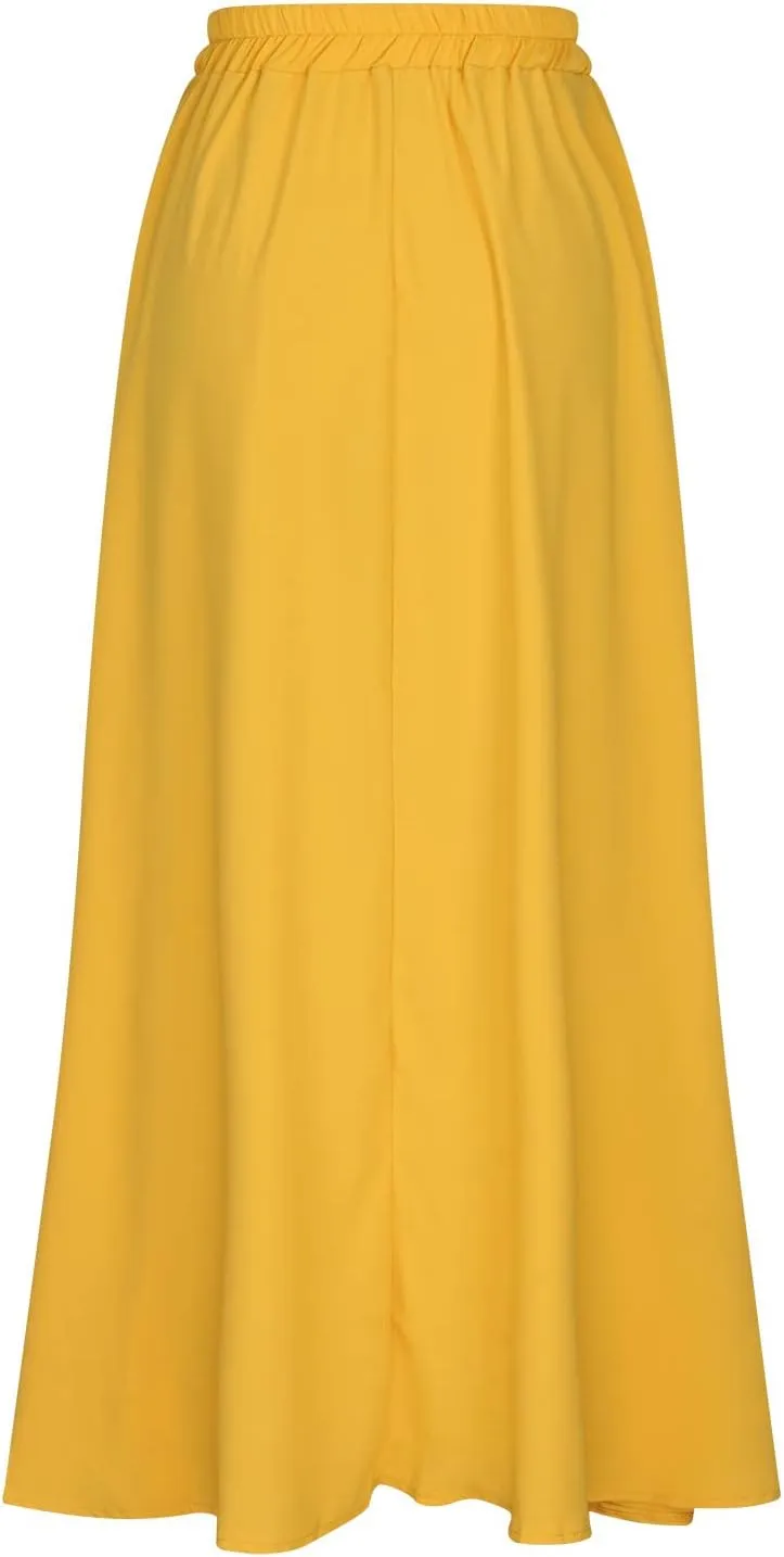 Women Plus Size Maxi Skirt Casual Loose Fit Pleated Retro Elastic High Waist Flowy Swing Long Floor Length Skirts
