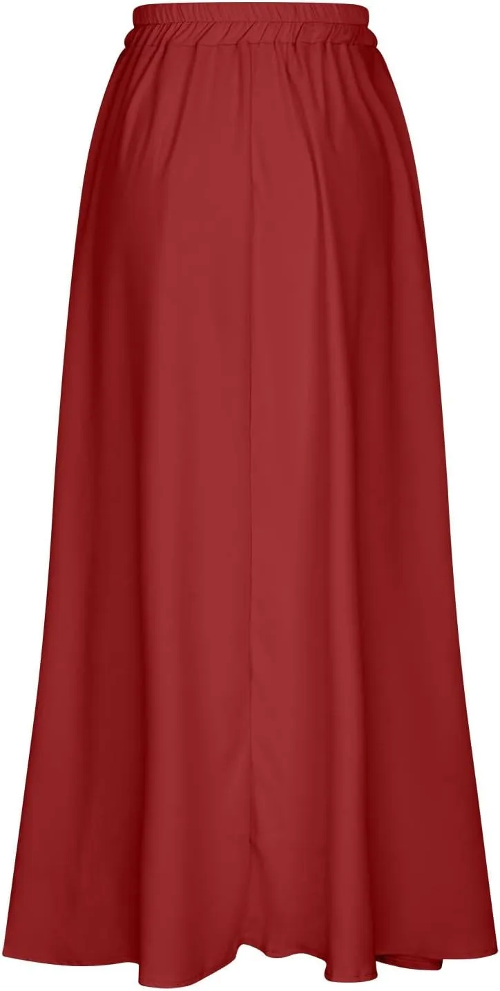 Women Plus Size Maxi Skirt Casual Loose Fit Pleated Retro Elastic High Waist Flowy Swing Long Floor Length Skirts