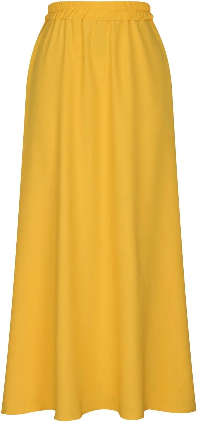 Women Plus Size Maxi Skirt Casual Loose Fit Pleated Retro Elastic High Waist Flowy Swing Long Floor Length Skirts
