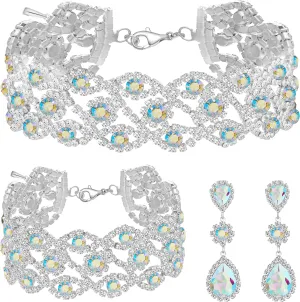 Women Rhinestone Crystal Wedding Bridal Choker Necklace Earrings Bracelet Jewelry Sets