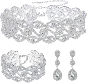 Women Rhinestone Crystal Wedding Bridal Choker Necklace Earrings Bracelet Jewelry Sets
