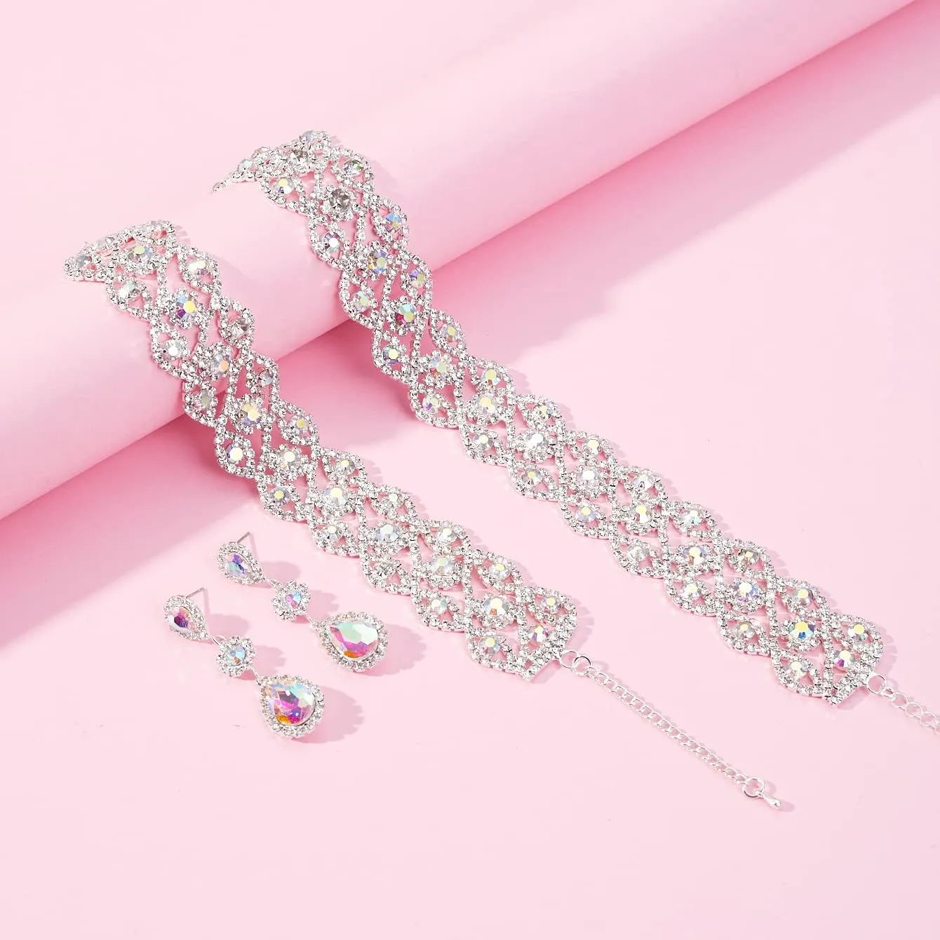 Women Rhinestone Crystal Wedding Bridal Choker Necklace Earrings Bracelet Jewelry Sets