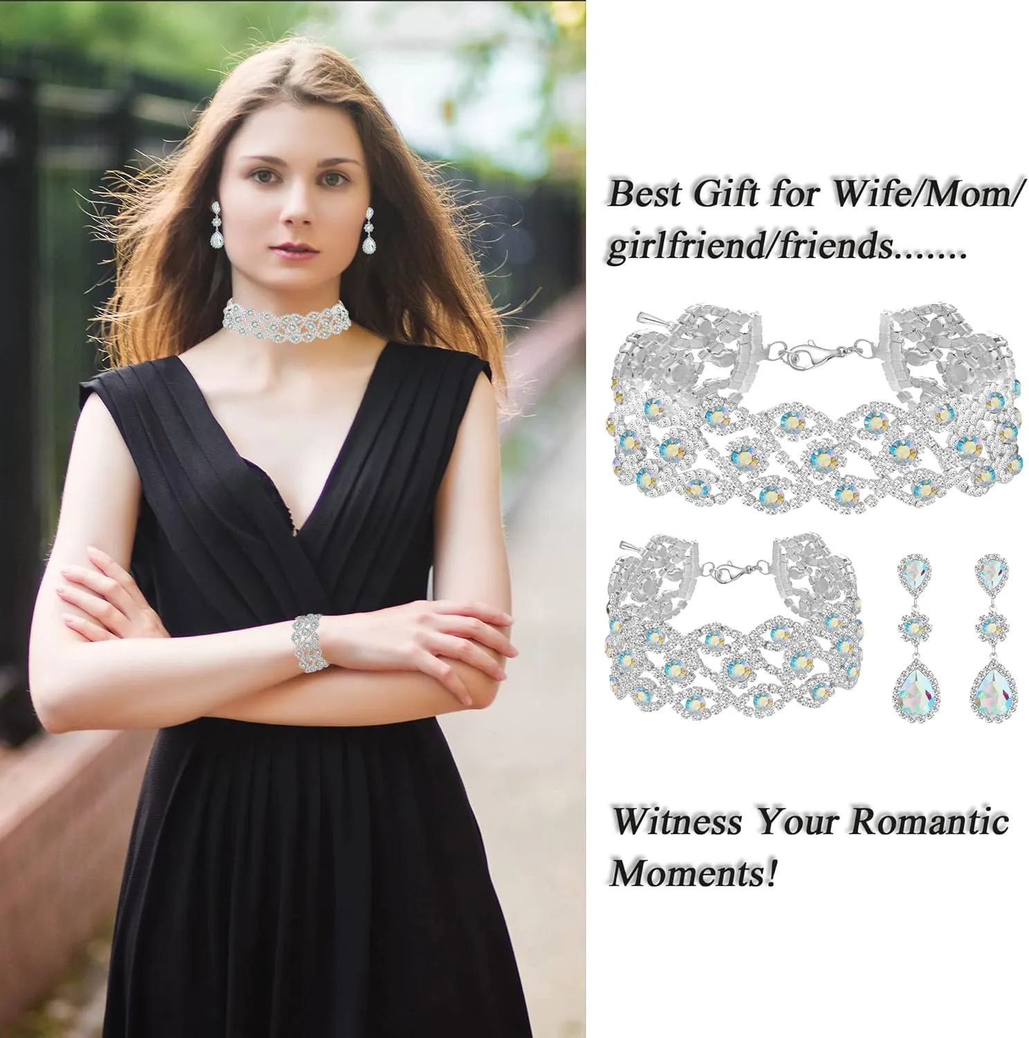 Women Rhinestone Crystal Wedding Bridal Choker Necklace Earrings Bracelet Jewelry Sets