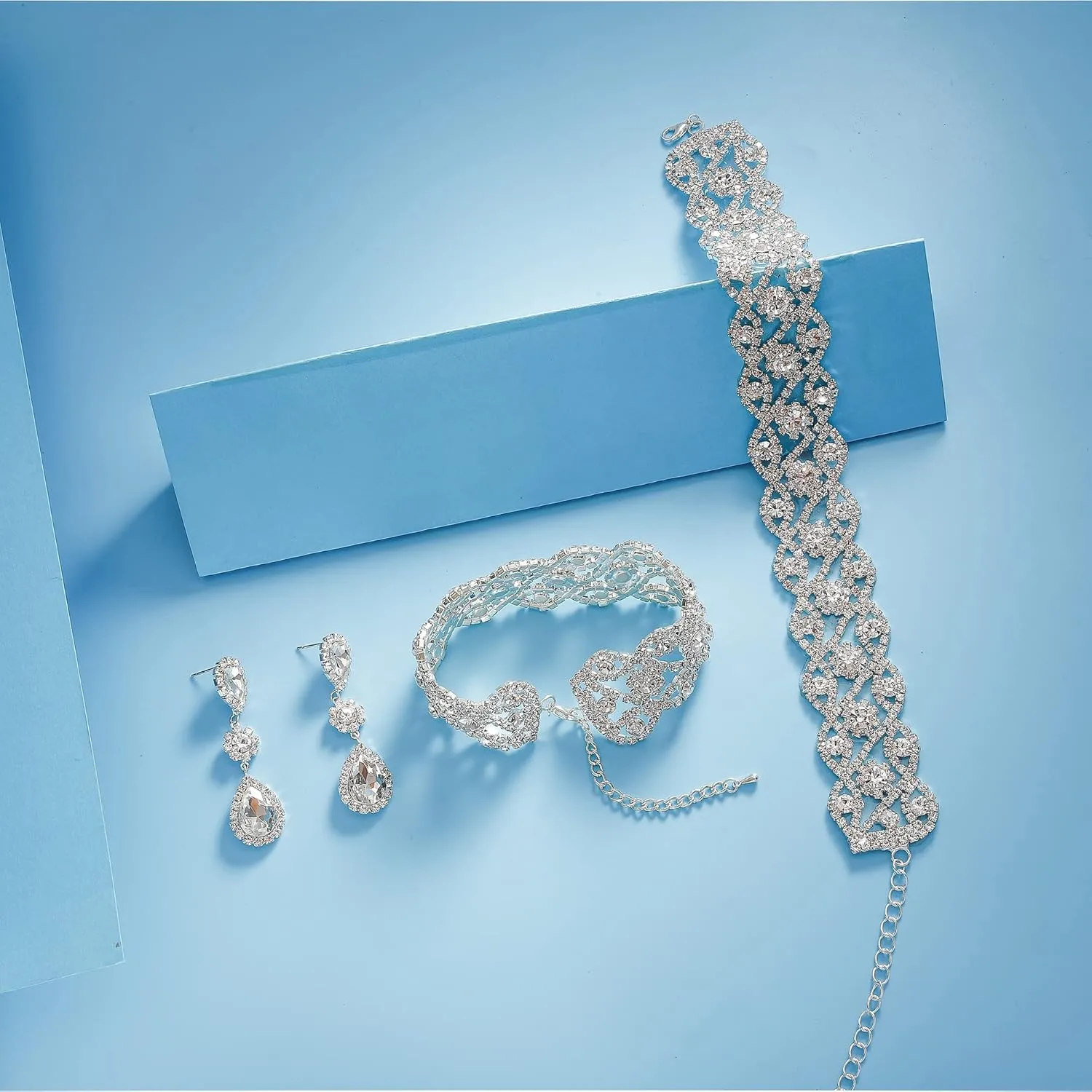 Women Rhinestone Crystal Wedding Bridal Choker Necklace Earrings Bracelet Jewelry Sets