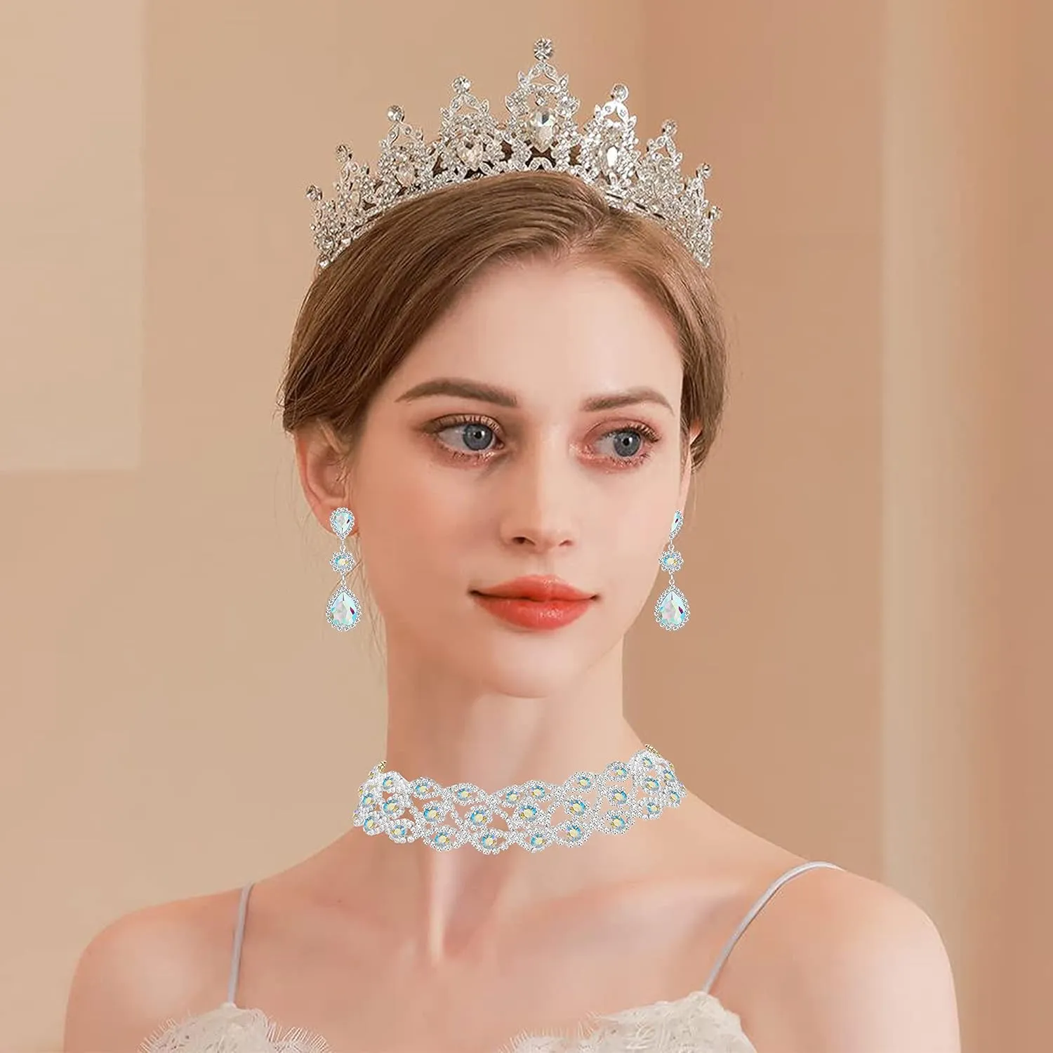 Women Rhinestone Crystal Wedding Bridal Choker Necklace Earrings Bracelet Jewelry Sets