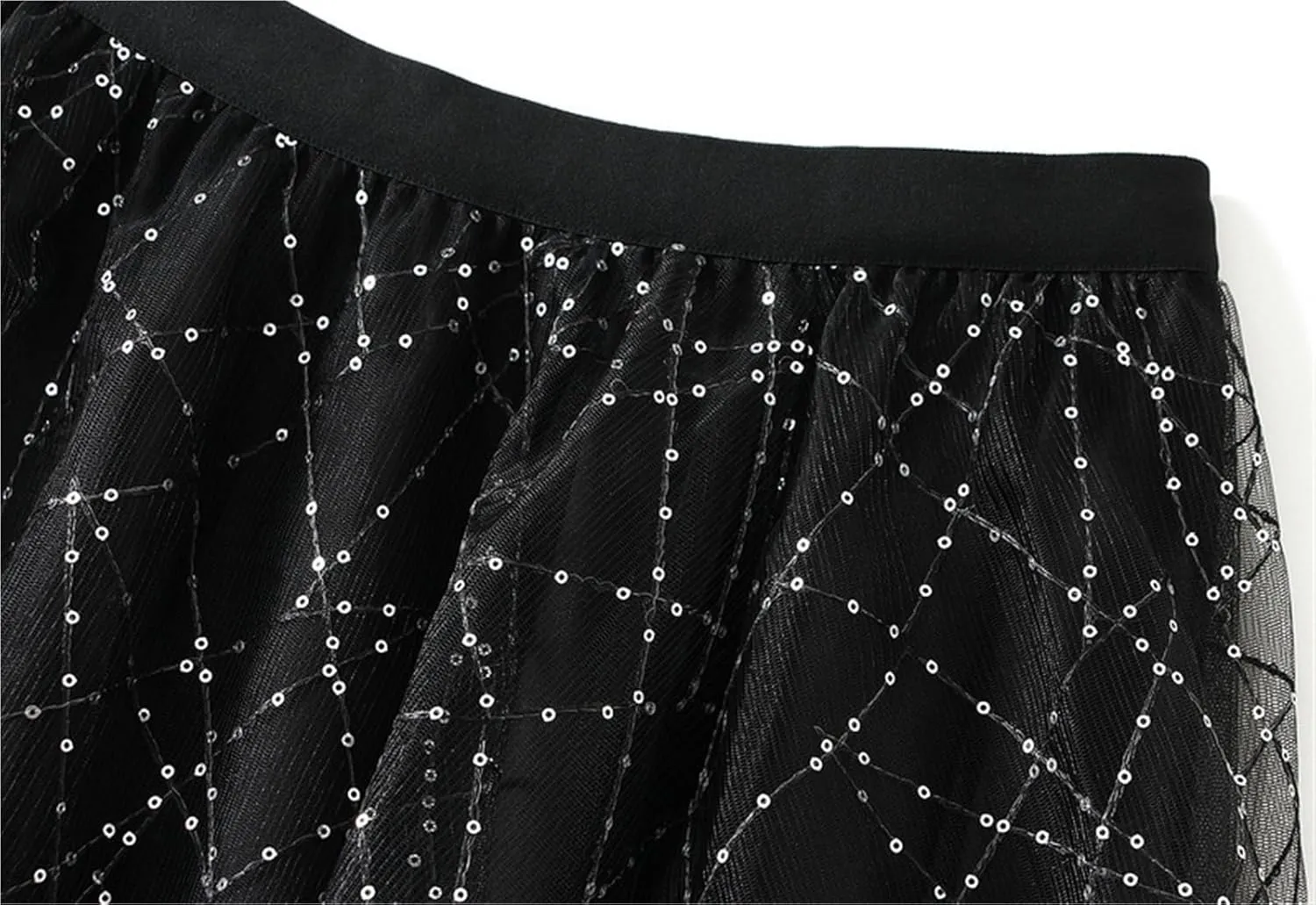 Women 'S Casual High Waist Sequined Pleated Large Hem A- Line Mesh Skirt Midi Skirt