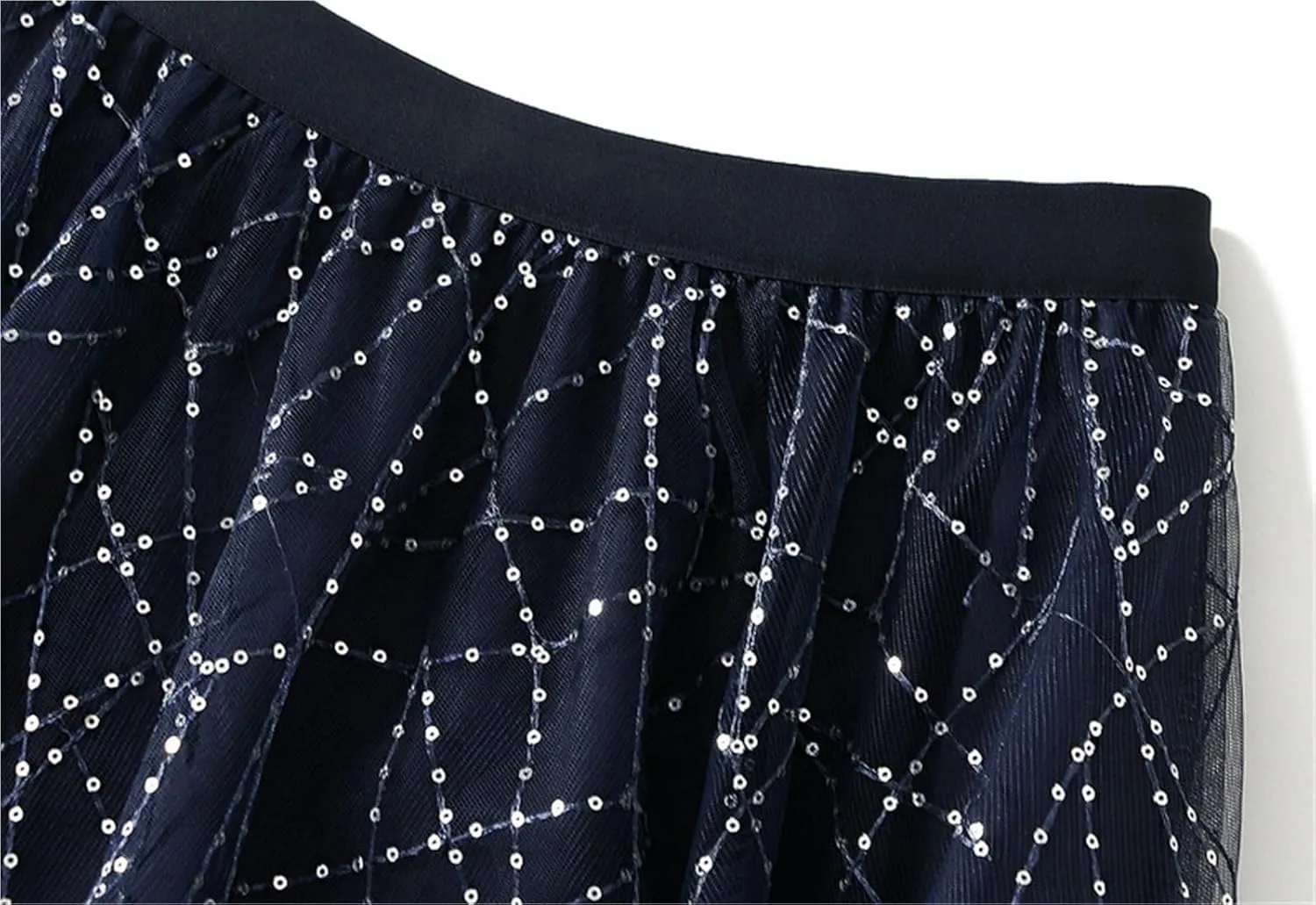 Women 'S Casual High Waist Sequined Pleated Large Hem A- Line Mesh Skirt Midi Skirt