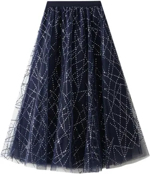 Women 'S Casual High Waist Sequined Pleated Large Hem A- Line Mesh Skirt Midi Skirt