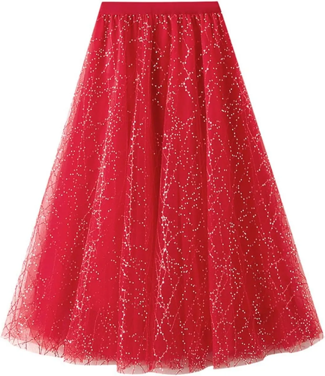 Women 'S Casual High Waist Sequined Pleated Large Hem A- Line Mesh Skirt Midi Skirt