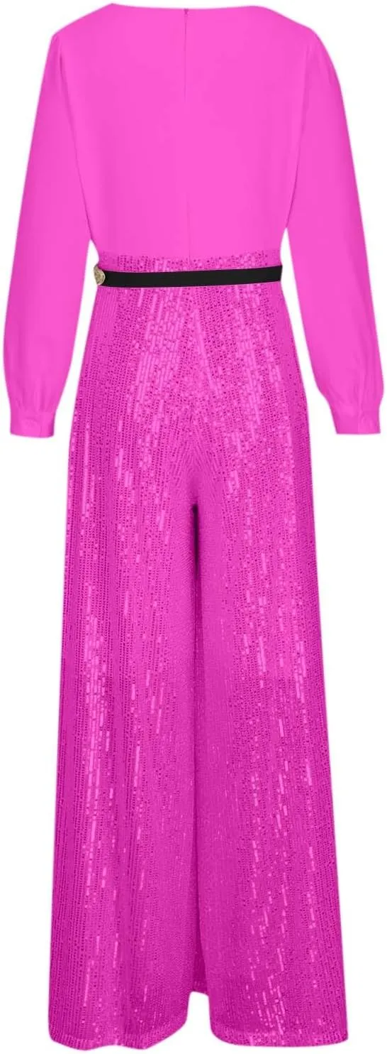 Women Sequins Jumpsuits Clubwear Long Sleeve V-Neck Party Evening Outfit Belted High Waist Wide Leg Trouser Pantsuits
