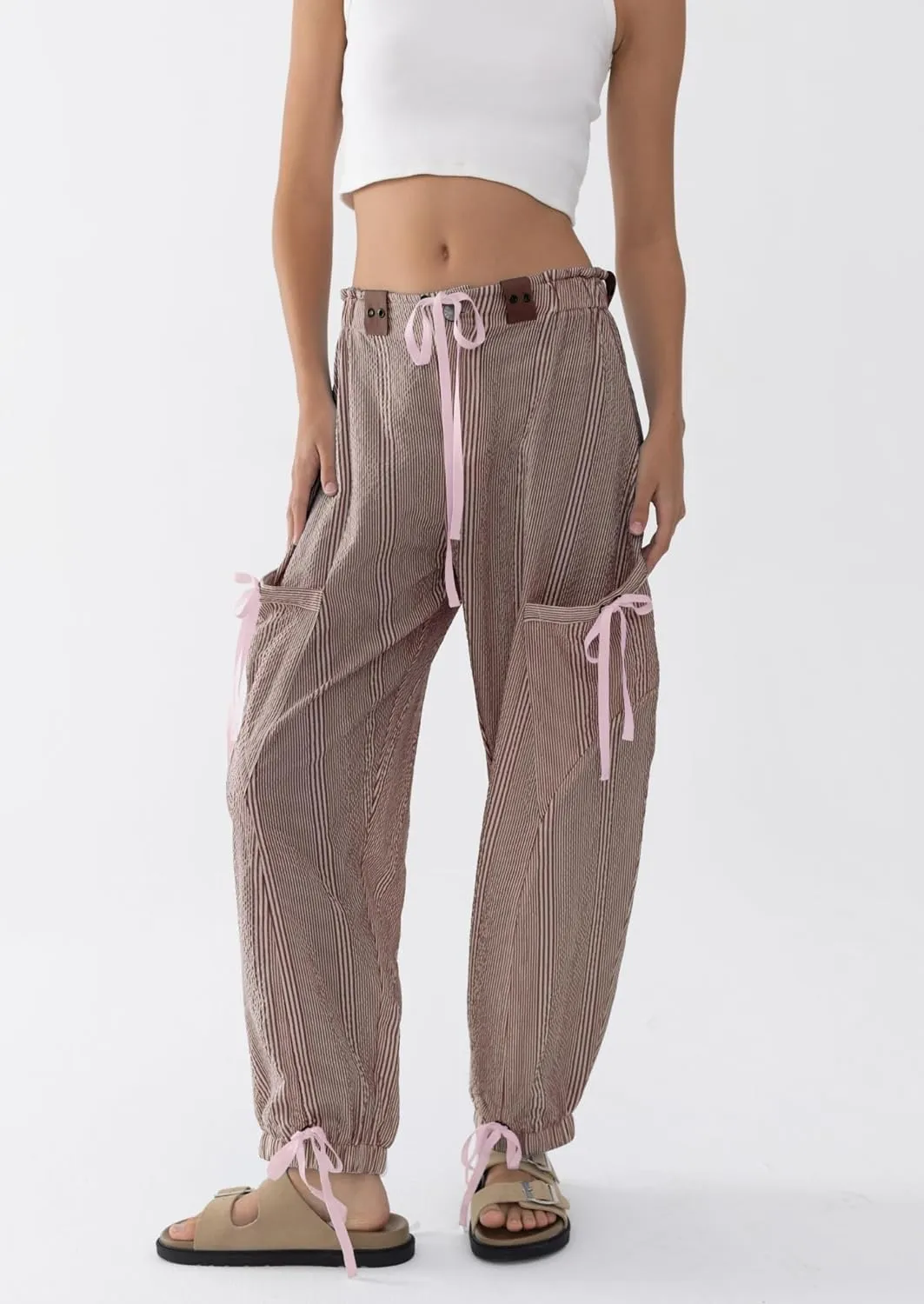 Women Striped Barrel Pants Drawstring Casual Baggy Boyfriend Y2K Streetwear Parachute Pants with Pockets