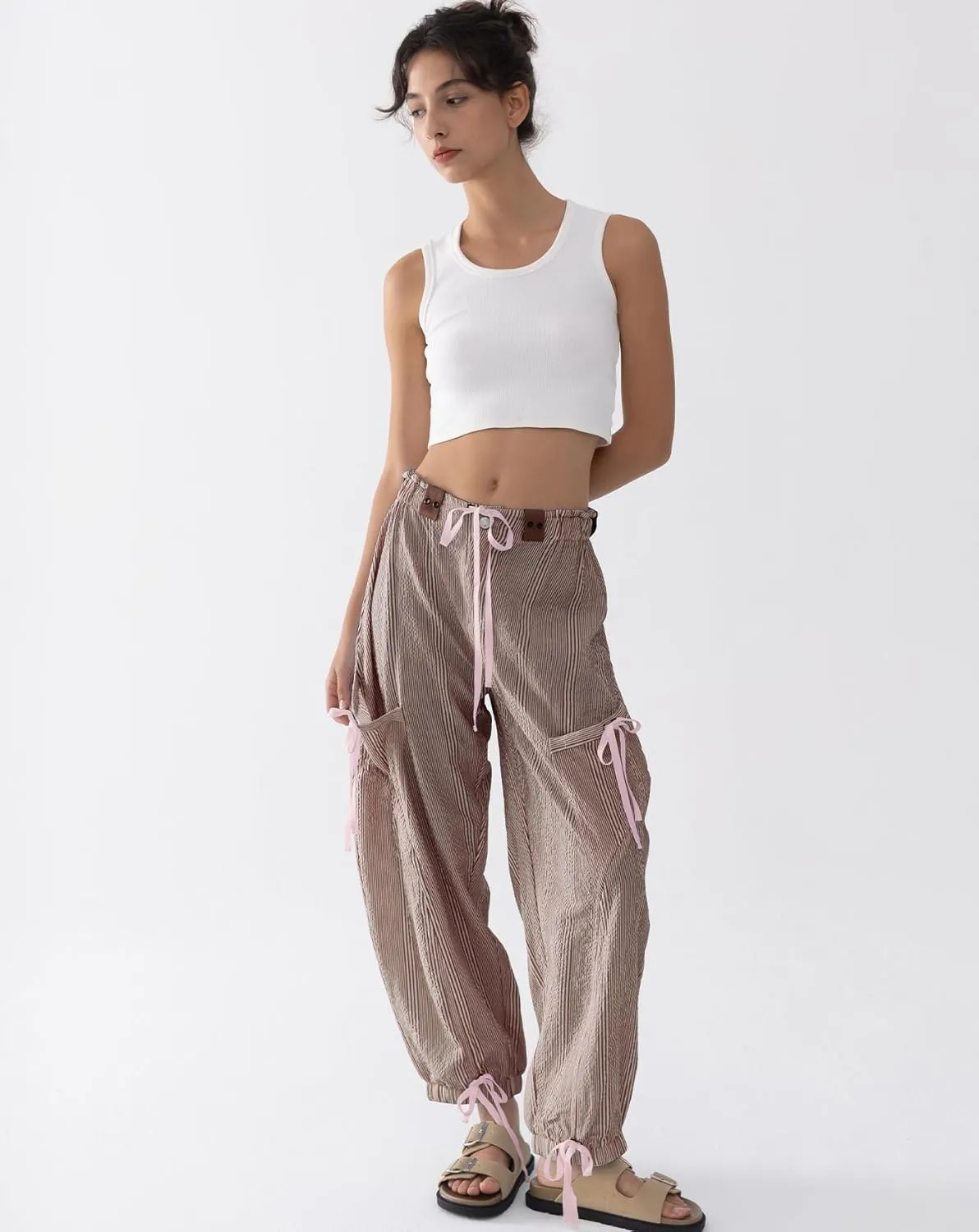 Women Striped Barrel Pants Drawstring Casual Baggy Boyfriend Y2K Streetwear Parachute Pants with Pockets