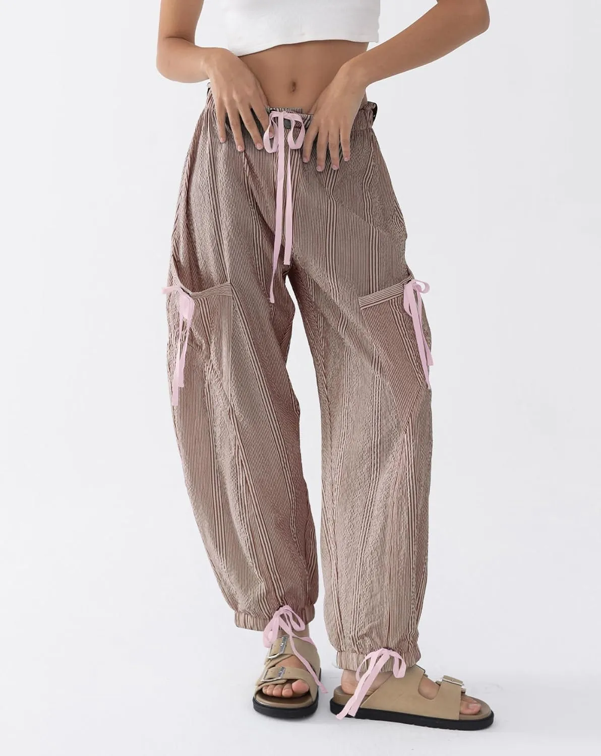 Women Striped Barrel Pants Drawstring Casual Baggy Boyfriend Y2K Streetwear Parachute Pants with Pockets