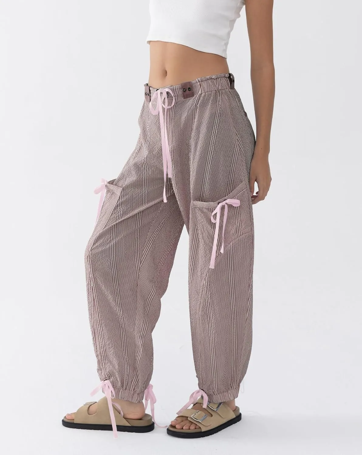 Women Striped Barrel Pants Drawstring Casual Baggy Boyfriend Y2K Streetwear Parachute Pants with Pockets