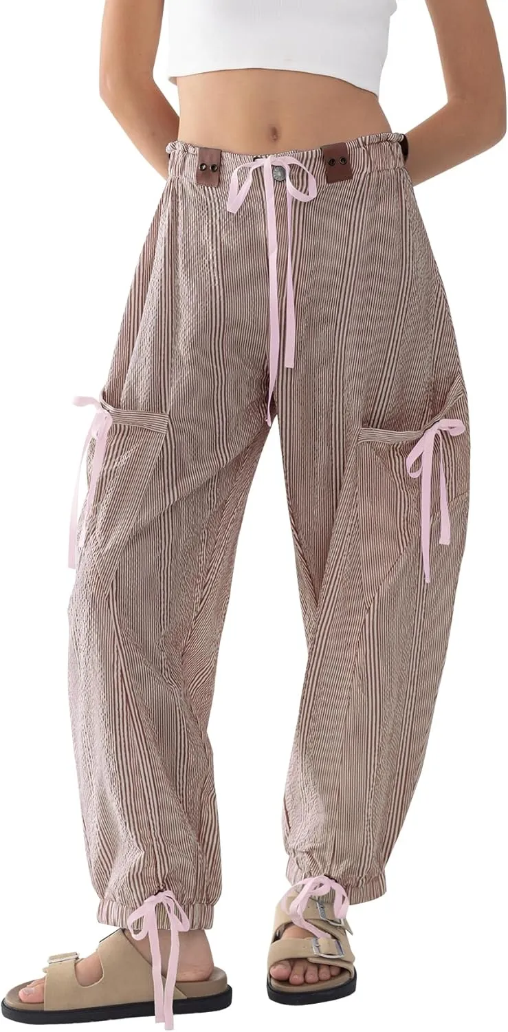 Women Striped Barrel Pants Drawstring Casual Baggy Boyfriend Y2K Streetwear Parachute Pants with Pockets