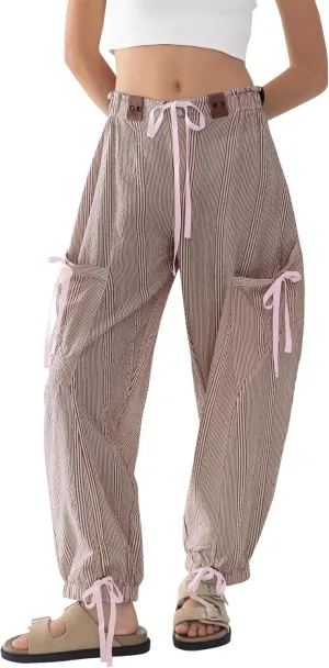 Women Striped Barrel Pants Drawstring Casual Baggy Boyfriend Y2K Streetwear Parachute Pants with Pockets