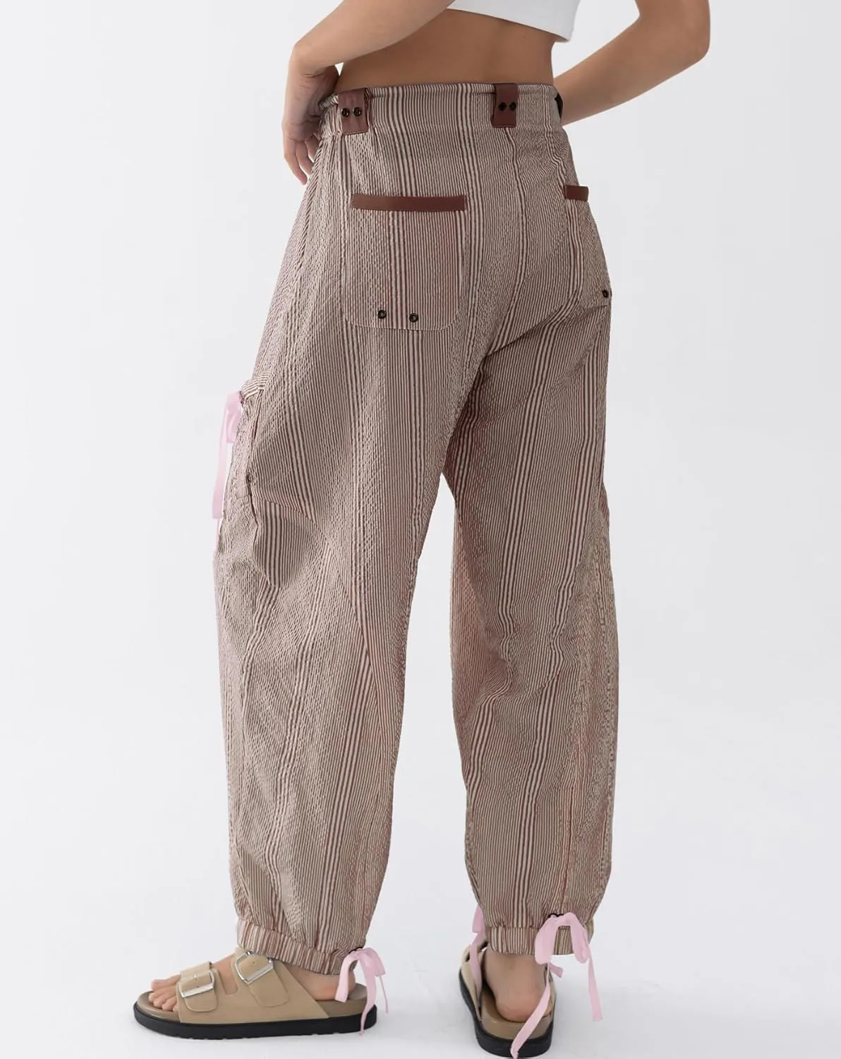 Women Striped Barrel Pants Drawstring Casual Baggy Boyfriend Y2K Streetwear Parachute Pants with Pockets