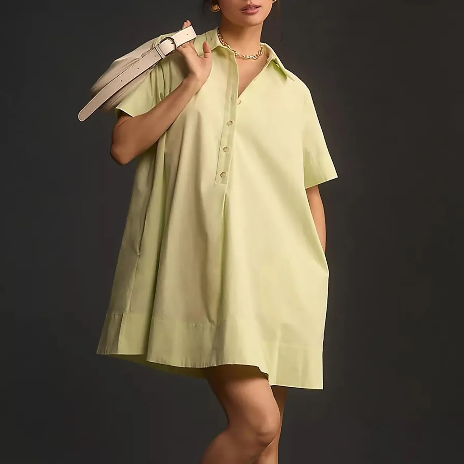 Women Summer Dress Short Sleeve Button Flowy Tunic Dress with Pockets Casual Swing Shirt Dresses A Line Mini Dress