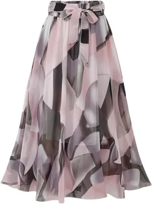 Women Summer Print Floral Skirts Loose Elastic Waist Plus Size Skirt Belt A-Line Chiffon Skirts