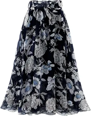 Women Summer Print Floral Skirts Loose Elastic Waist Plus Size Skirt Belt A-Line Chiffon Skirts