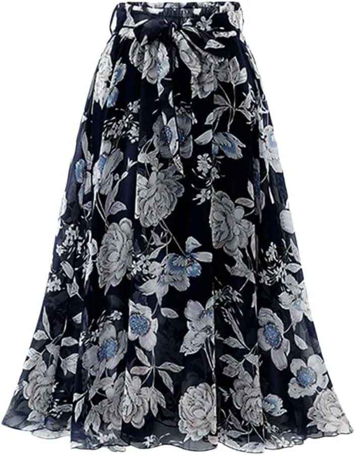 Women Summer Print Floral Skirts Loose Elastic Waist Plus Size Skirt Belt A-Line Chiffon Skirts