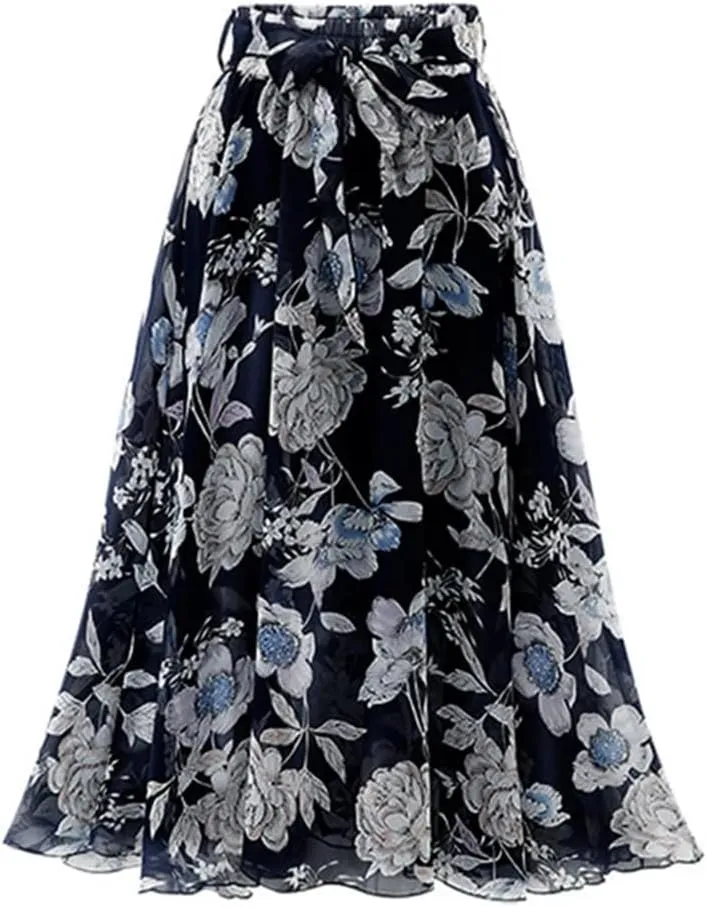 Women Summer Print Floral Skirts Loose Elastic Waist Plus Size Skirt Belt A-Line Chiffon Skirts