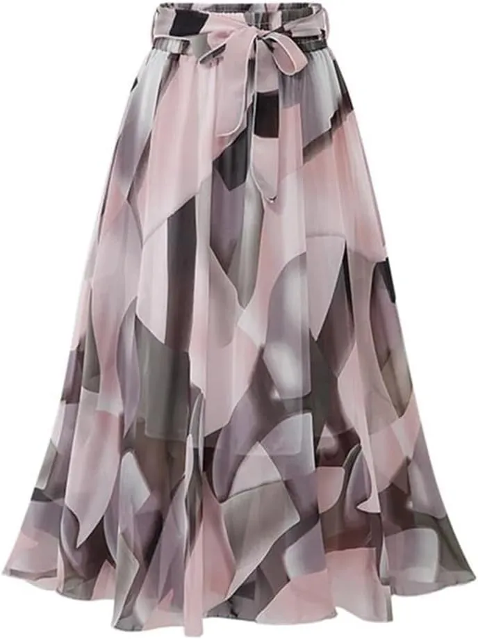 Women Summer Print Floral Skirts Loose Elastic Waist Plus Size Skirt Belt A-Line Chiffon Skirts