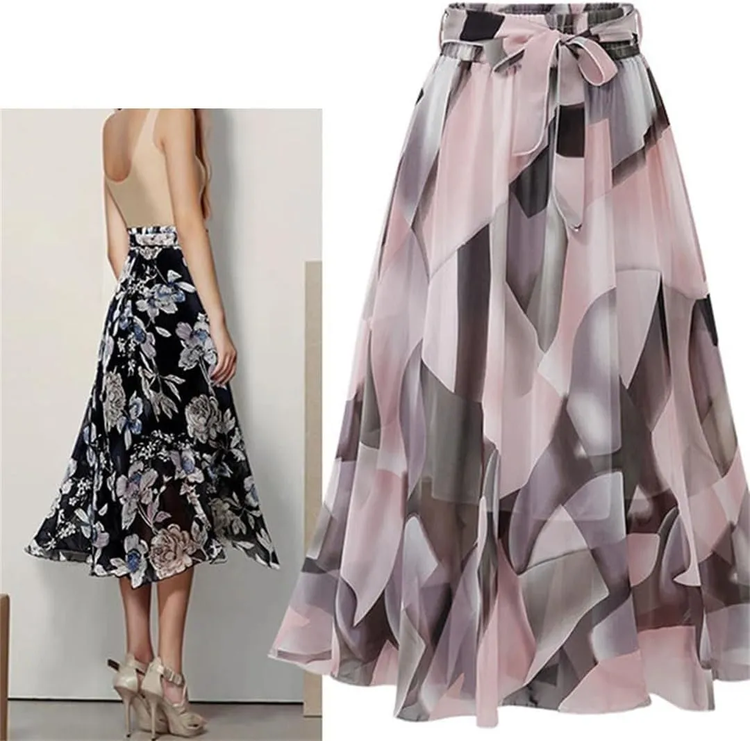 Women Summer Print Floral Skirts Loose Elastic Waist Plus Size Skirt Belt A-Line Chiffon Skirts