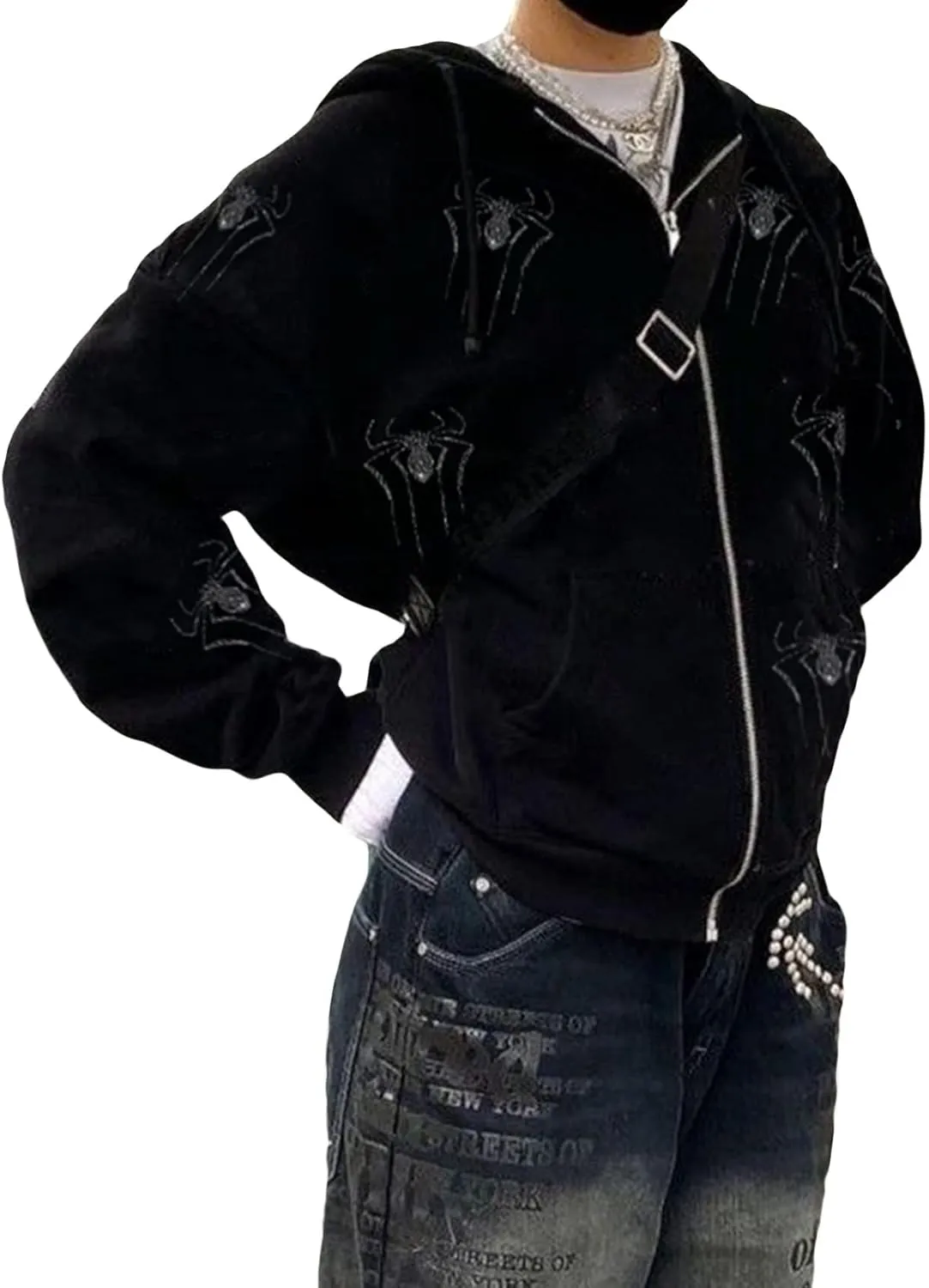 Women Y2K Spider Web Hoodies Punk Jackets Streetwear Goth Harajuku Oversized Vintage Graphic Full Zip Up Hoodie