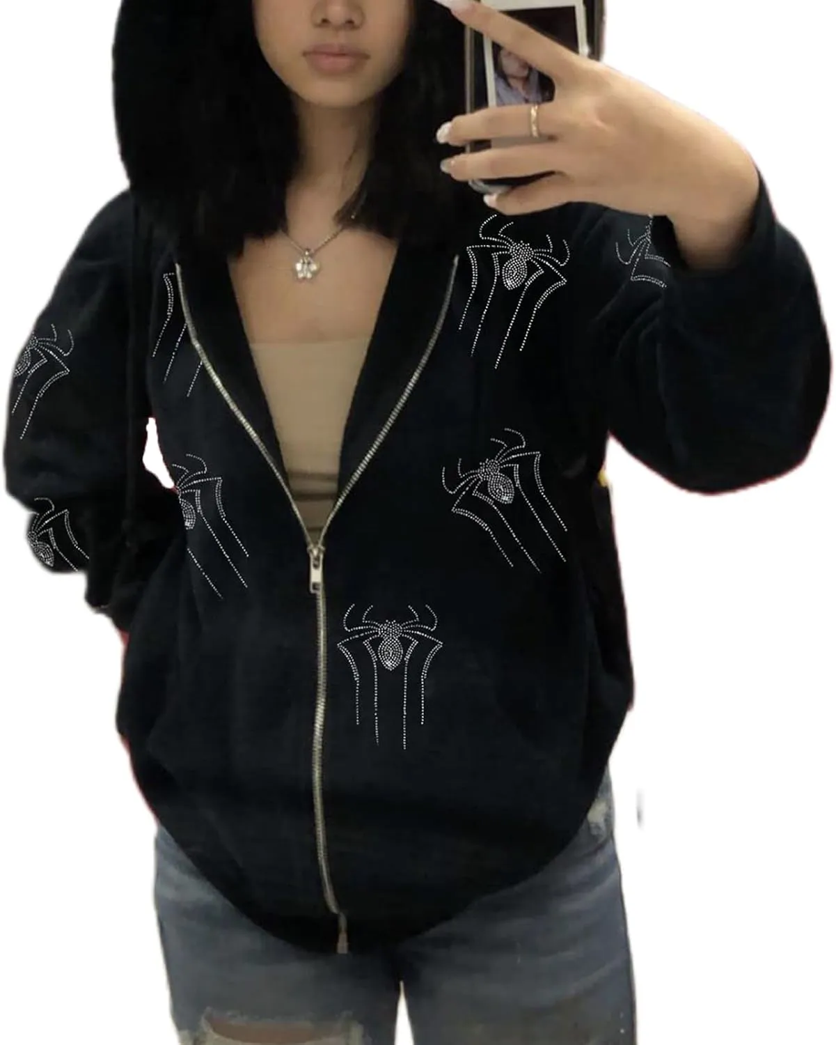 Women Y2K Spider Web Hoodies Punk Jackets Streetwear Goth Harajuku Oversized Vintage Graphic Full Zip Up Hoodie