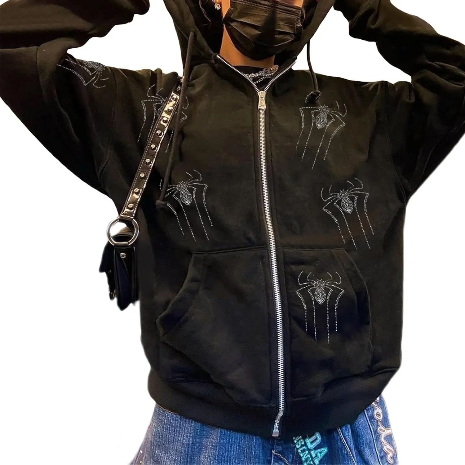 Women Y2K Spider Web Hoodies Punk Jackets Streetwear Goth Harajuku Oversized Vintage Graphic Full Zip Up Hoodie