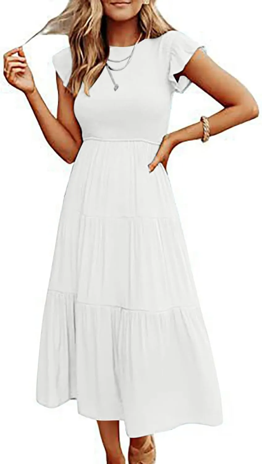 Womens 2023 Summer Casual Flutter Short Sleeve Long Dresses Crew Neck Smocked Elastic Waist Tiered Midi Dress