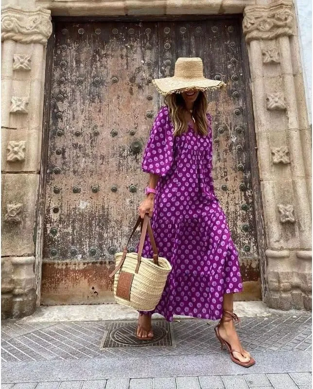 Womens 2024 Casual Boho Maxi Dresses V Neck 3/4 Puff Sleeve Geometric Pattern Smocked Ruffle Beach Long Sundress