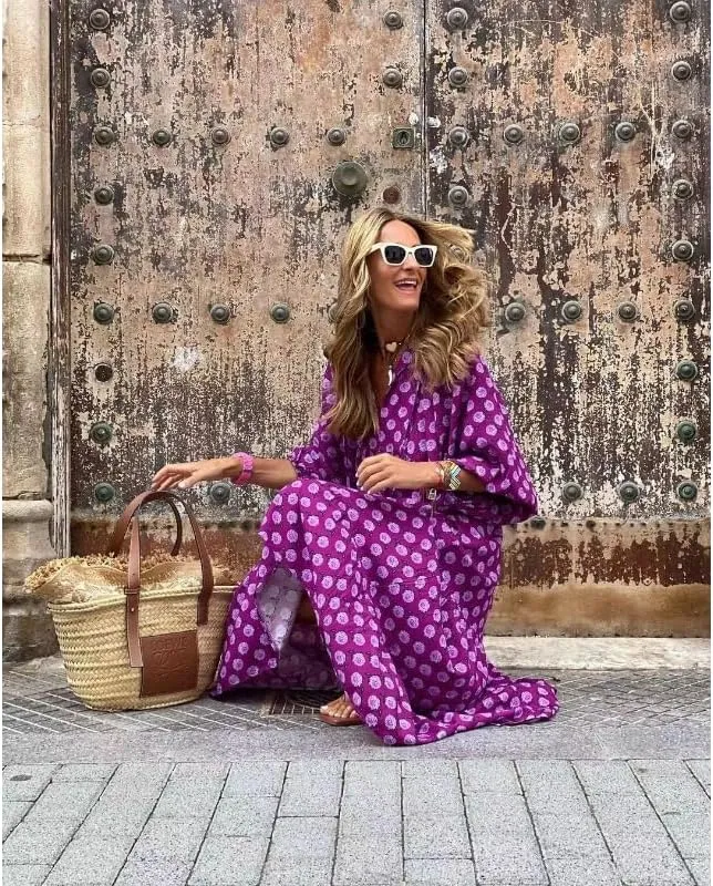 Womens 2024 Casual Boho Maxi Dresses V Neck 3/4 Puff Sleeve Geometric Pattern Smocked Ruffle Beach Long Sundress